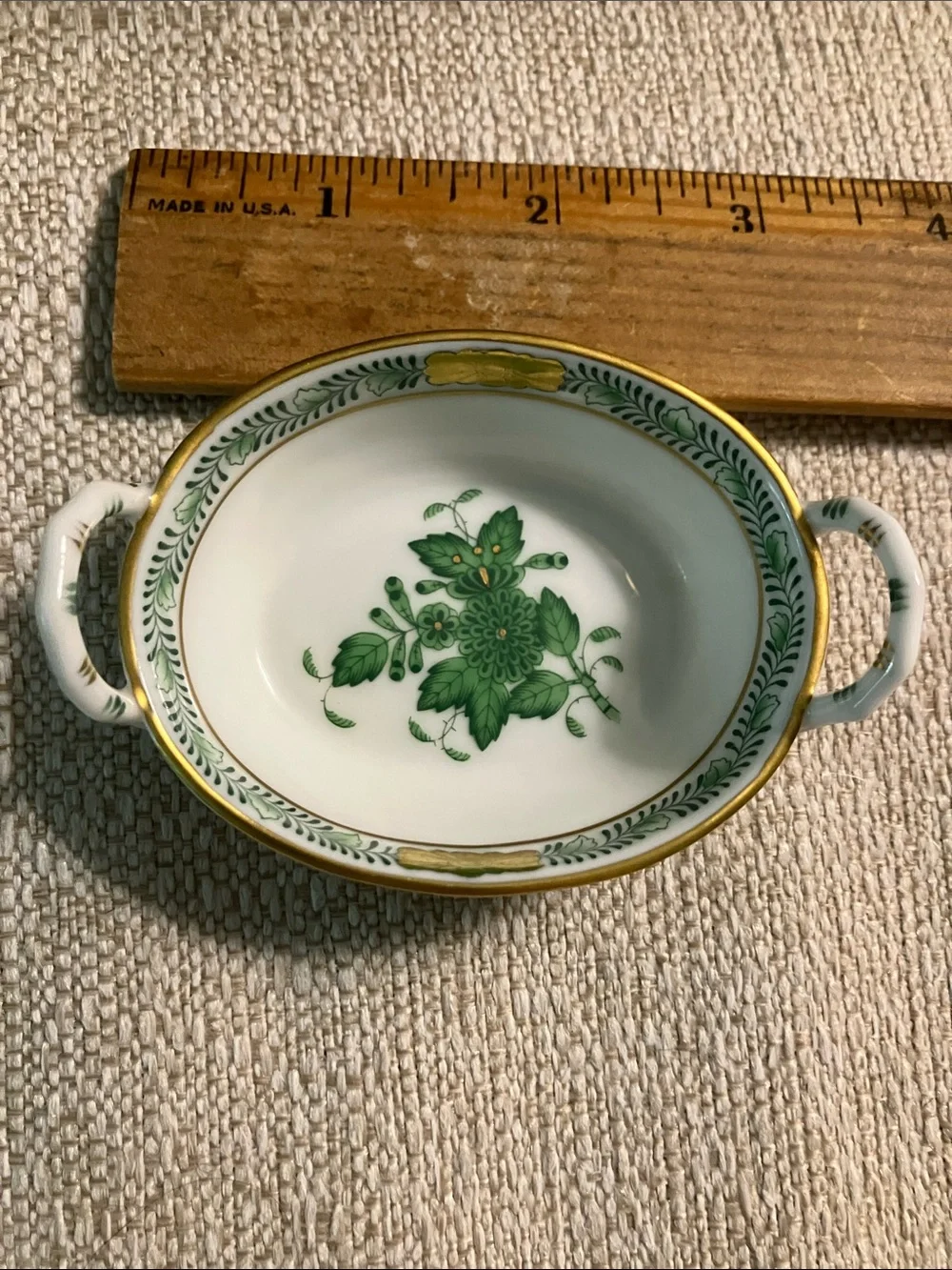 HEREND Hvngary Green Floral Porcelain small trinket tray with Handles